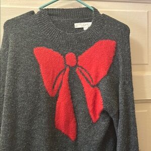 LOFT Women's Gray Sweater with Red Bow Design